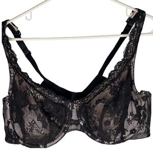 Cacique Black Lace Full Coverage Underwire Bra 42D Floral Tan Lining B2502